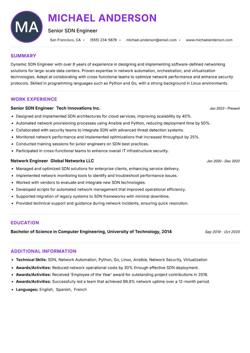 SDN Engineer resume example — ATS-friendly template
