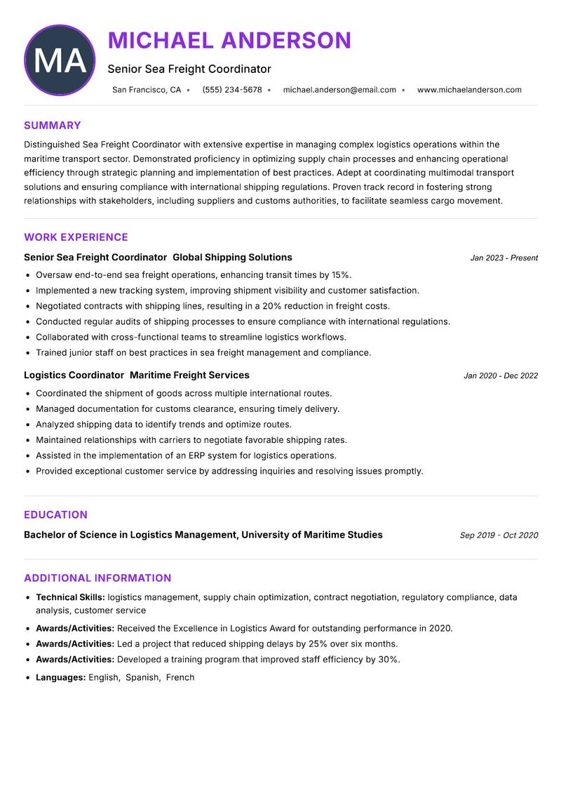 Sea Freight Coordinator resume example — ATS-friendly template