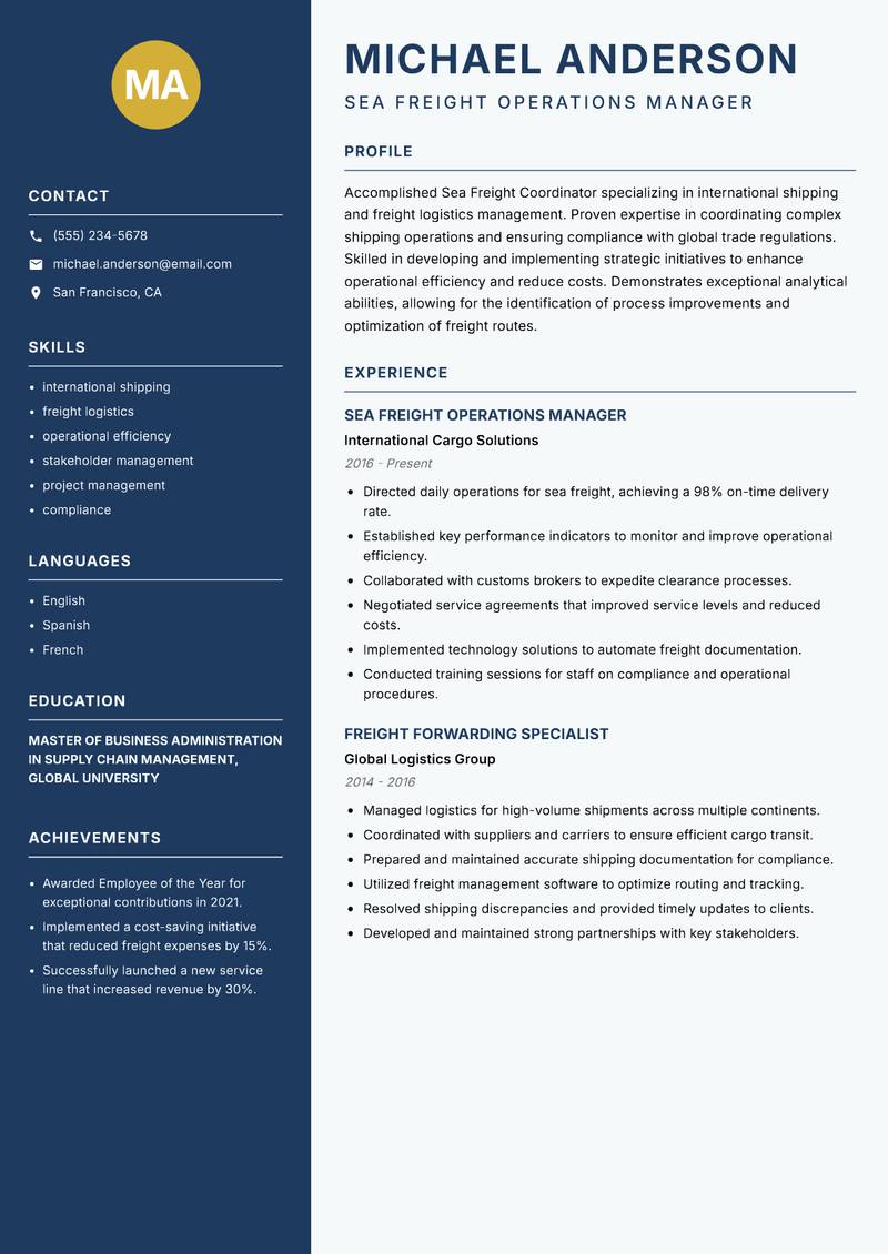 Sea Freight Coordinator resume template — Classic Clean