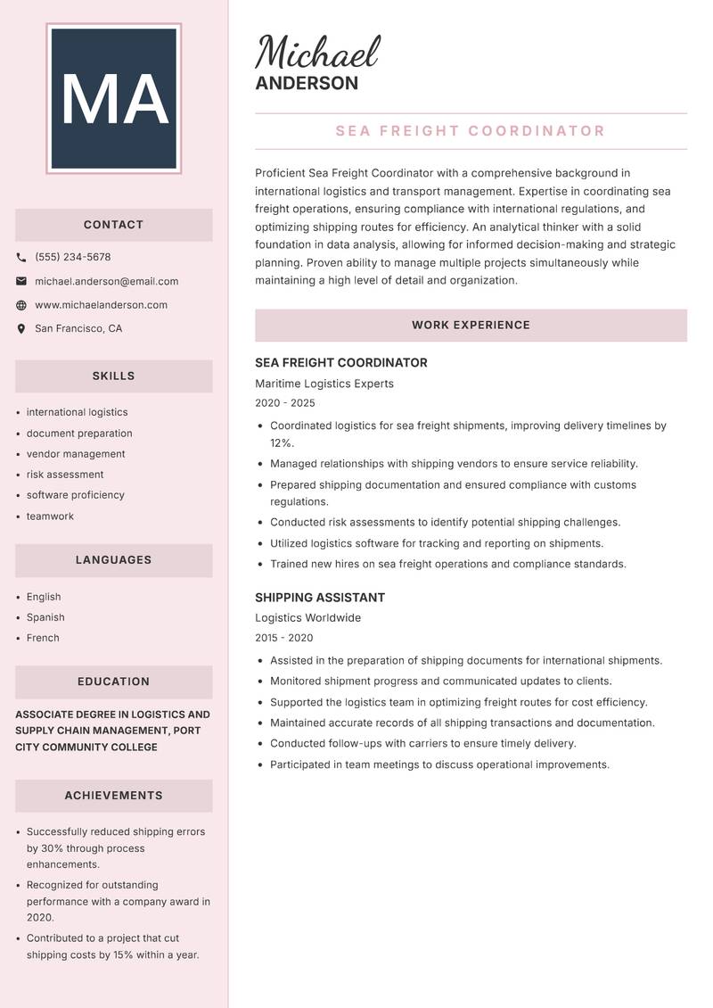 Sea Freight Coordinator resume template — Executive