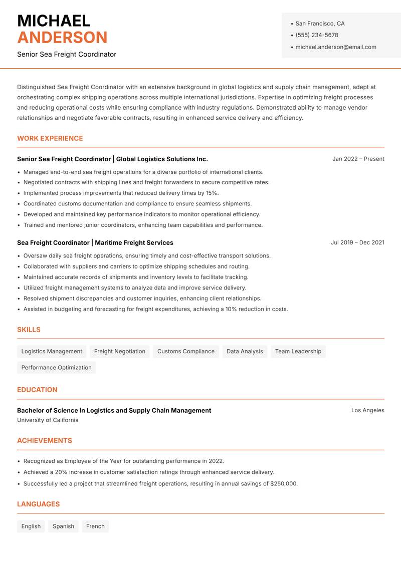 Sea Freight Coordinator resume template — Modern Professional