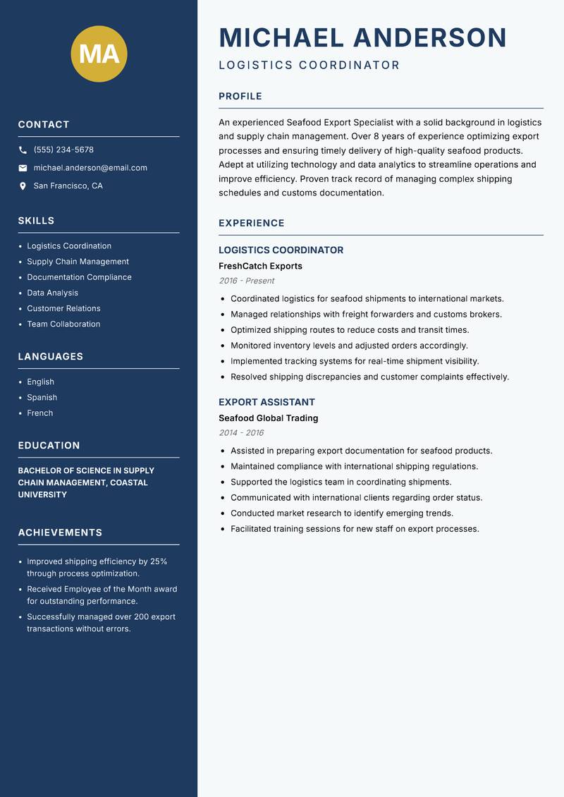 Seafood Export Specialist resume template — Classic Clean