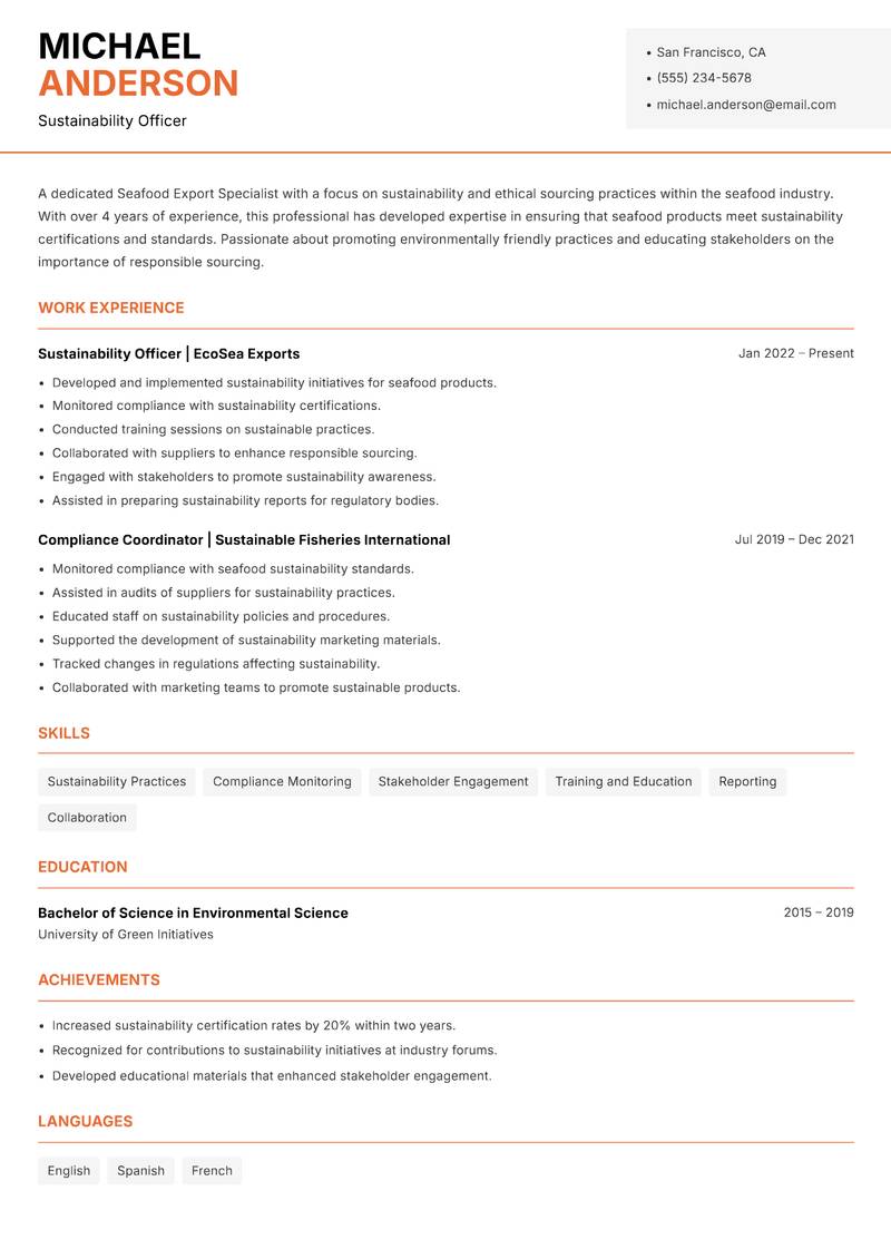 Seafood Export Specialist resume template — Modern Professional