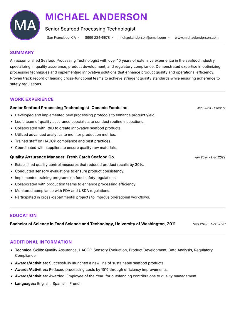 Seafood Processing Technologist resume example — ATS-friendly template
