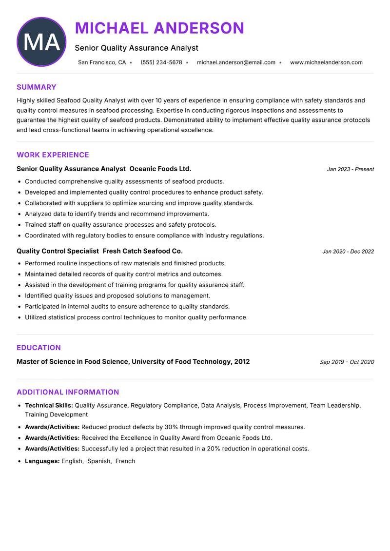 Seafood Quality Analyst resume example — ATS-friendly template
