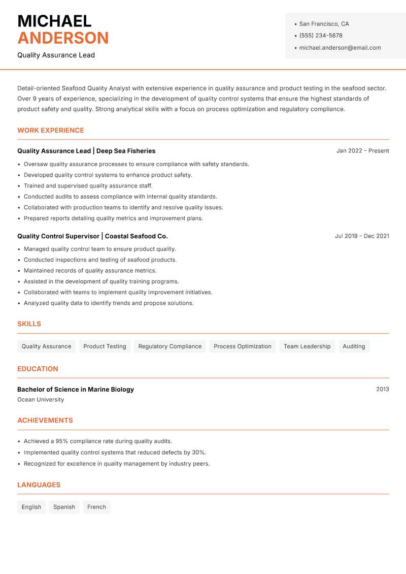 Seafood Quality Analyst resume template — Modern Professional