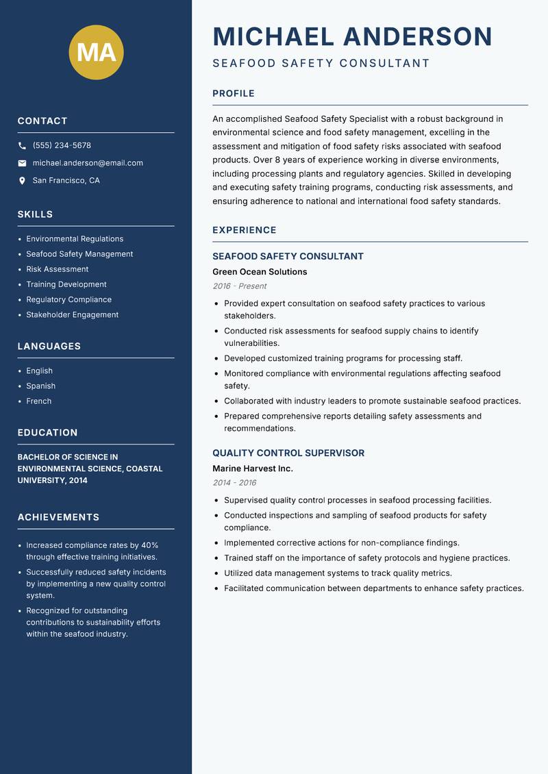 Seafood Safety Specialist resume template — Classic Clean