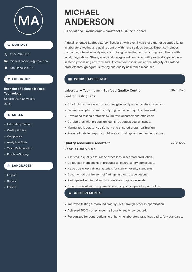 Seafood Safety Specialist resume template — Compact