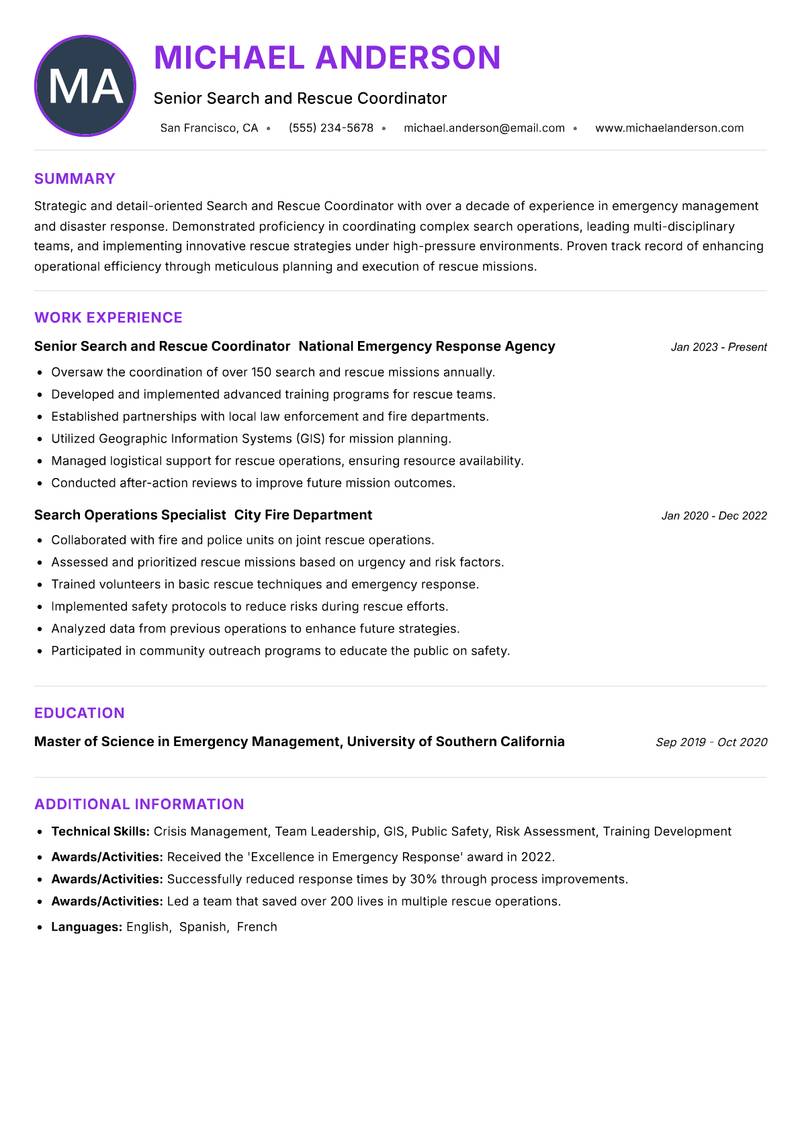 Search and Rescue Coordinator resume example — ATS-friendly template