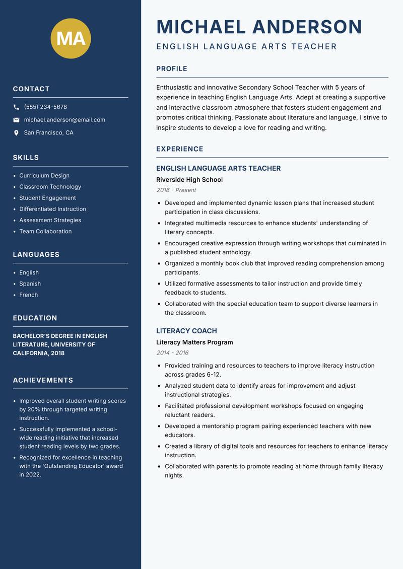 Secondary School Teacher resume template — Classic Clean