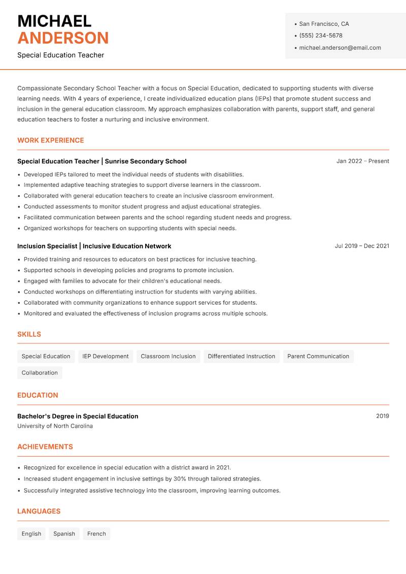 Secondary School Teacher resume template — Modern Professional