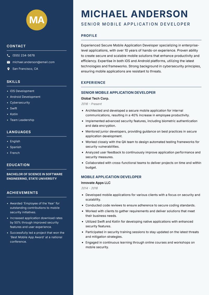Secure Mobile Application Developer resume template — Classic Clean
