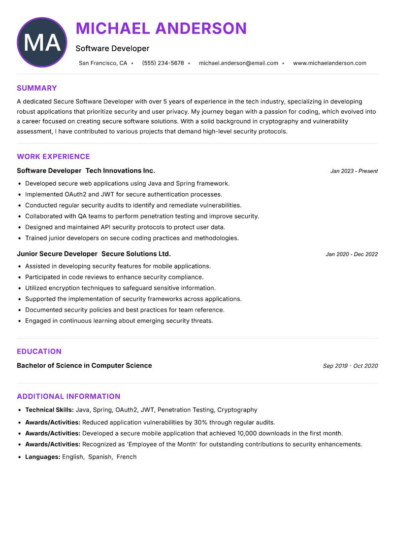 Secure Software Developer resume example — ATS-friendly template