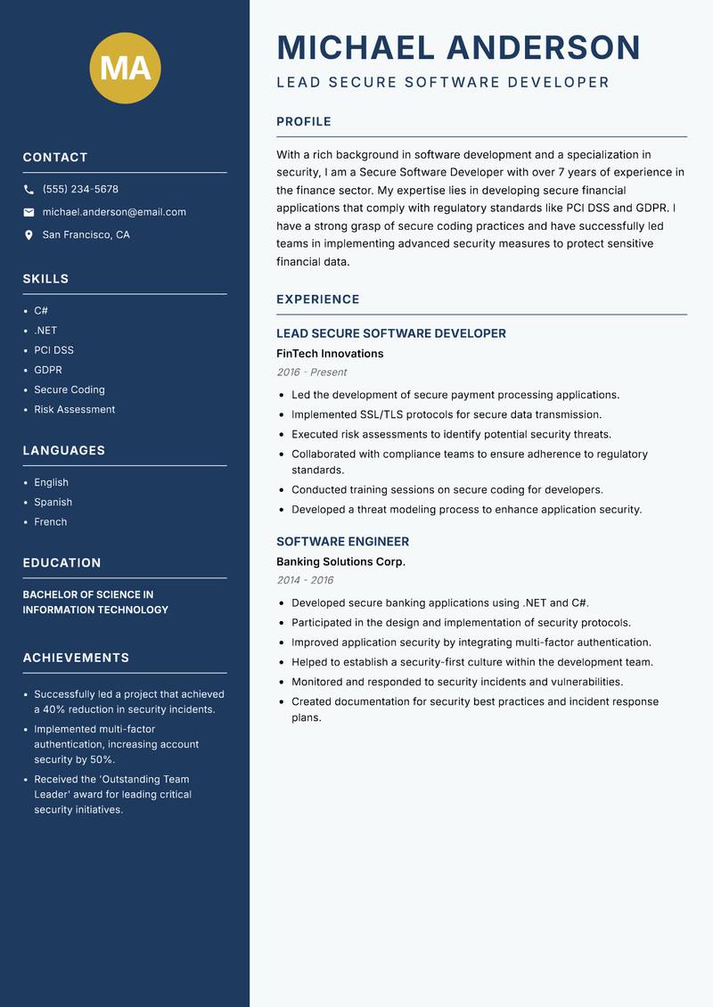 Secure Software Developer resume template — Classic Clean