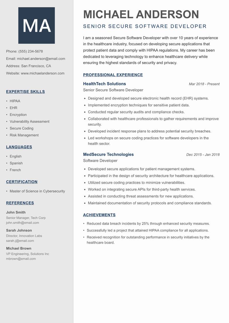 Secure Software Developer resume template — Creative Minimal