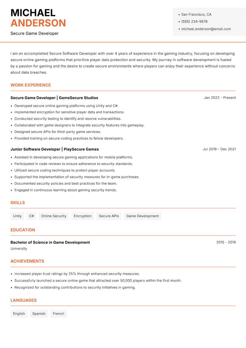 Secure Software Developer resume template — Modern Professional