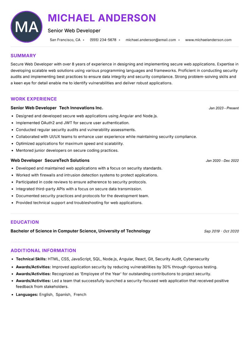 Secure Web Developer resume example — ATS-friendly template