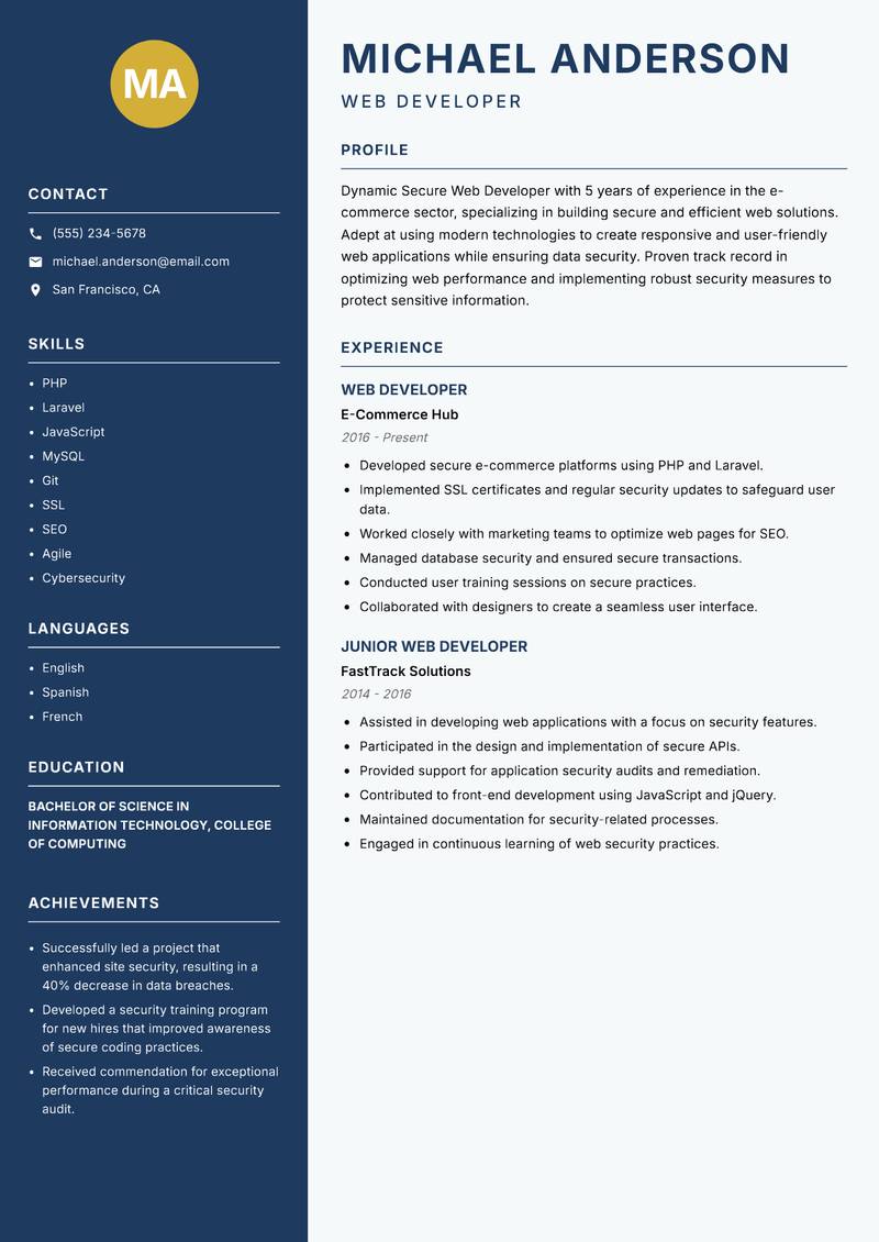 Secure Web Developer resume template — Classic Clean