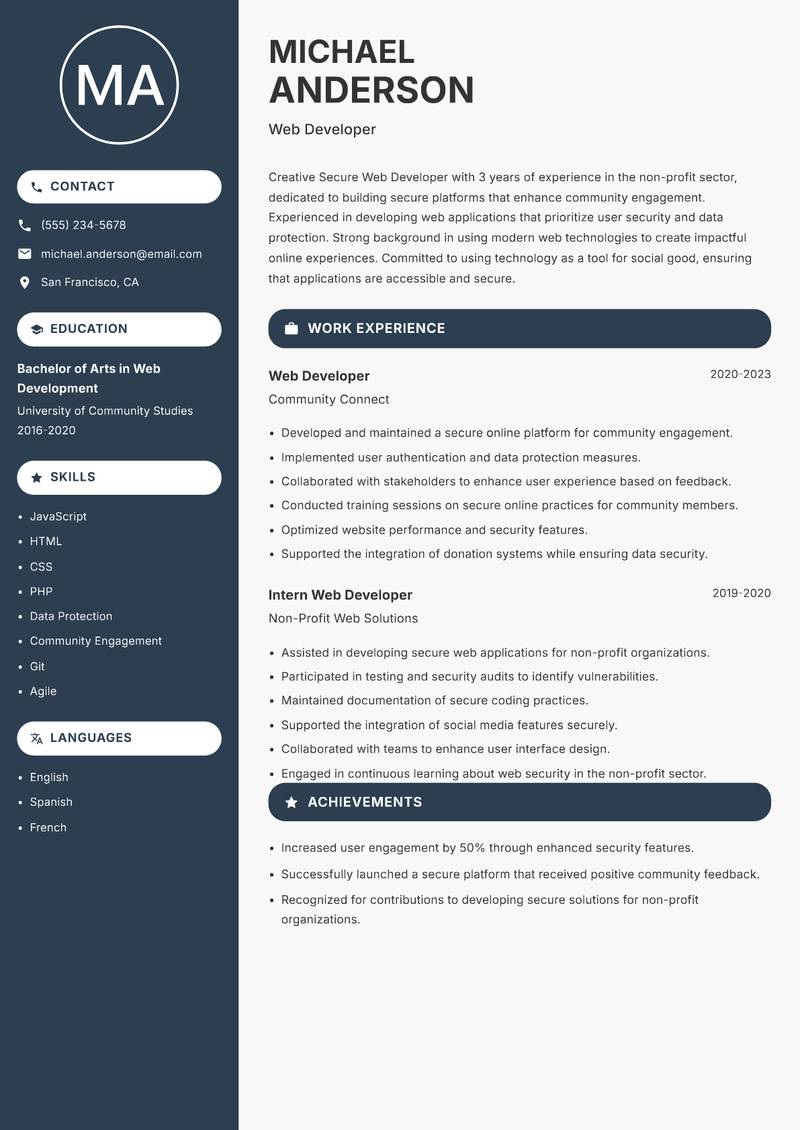 Secure Web Developer resume template — Compact