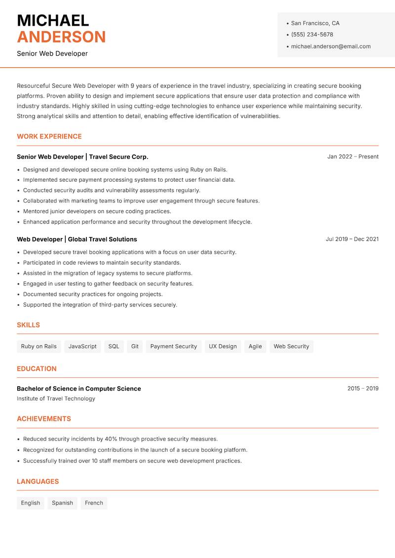 Secure Web Developer resume template — Modern Professional