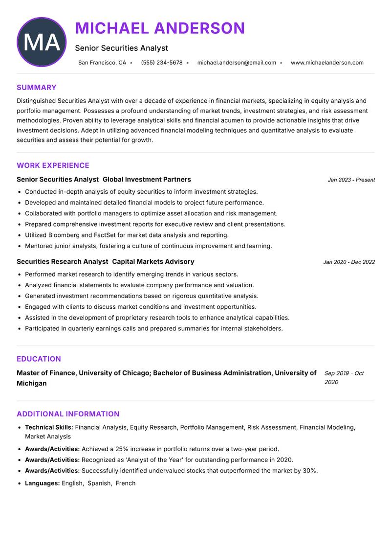 Securities Analyst resume example — ATS-friendly template