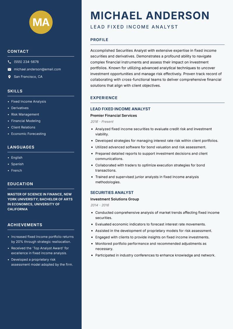 Securities Analyst resume template — Classic Clean