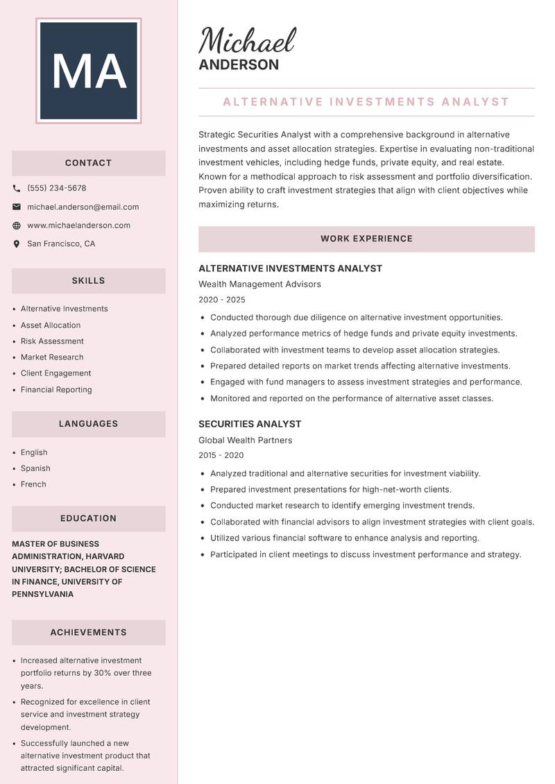 Securities Analyst resume template — Executive