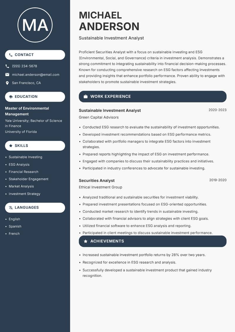 Securities Analyst resume template — Compact