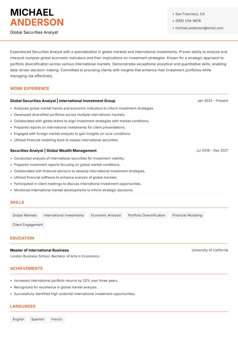 Securities Analyst resume template — Modern Professional