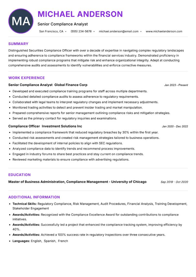 Securities Compliance Officer resume example — ATS-friendly template