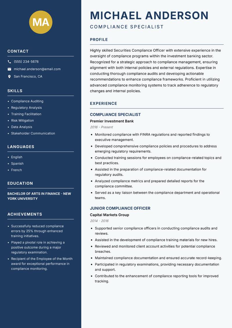 Securities Compliance Officer resume template — Classic Clean