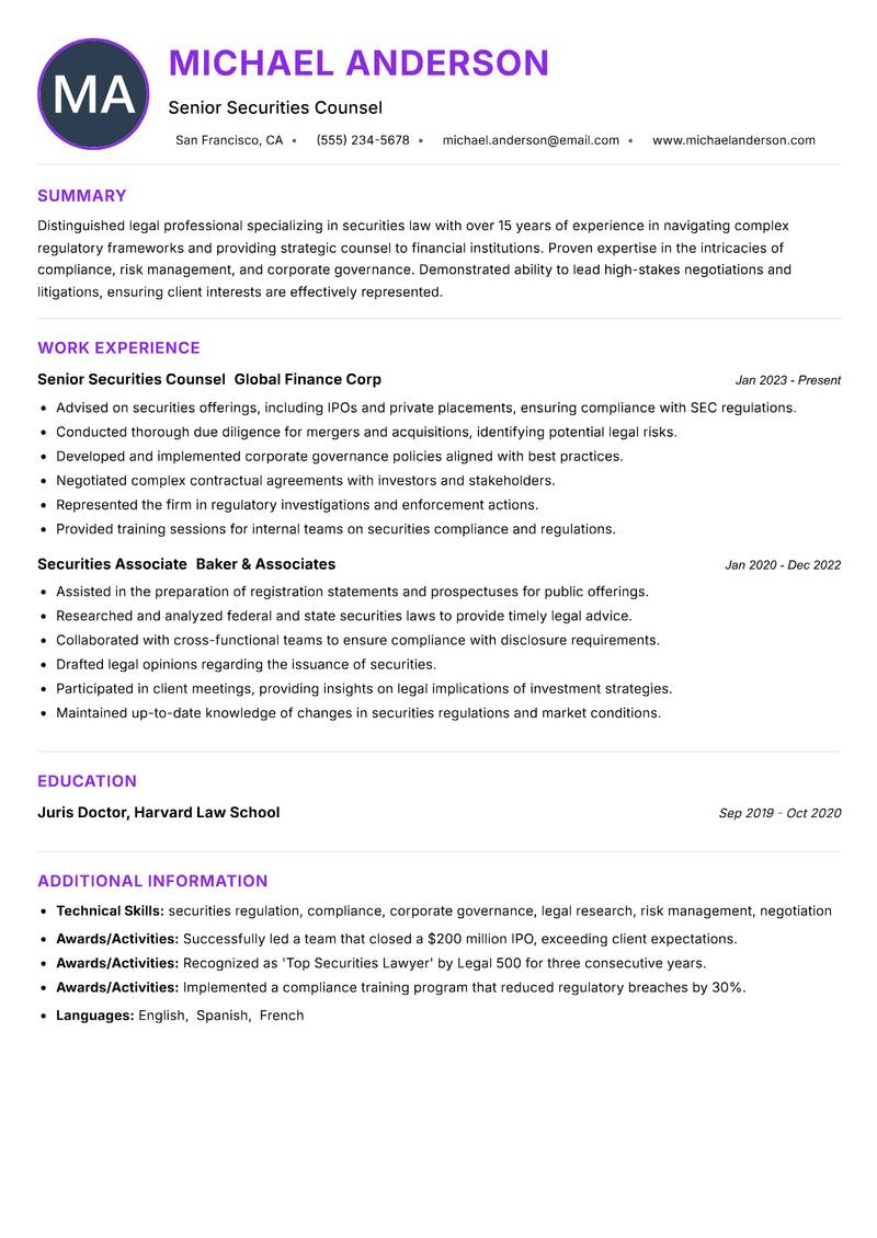 Securities Lawyer resume example — ATS-friendly template