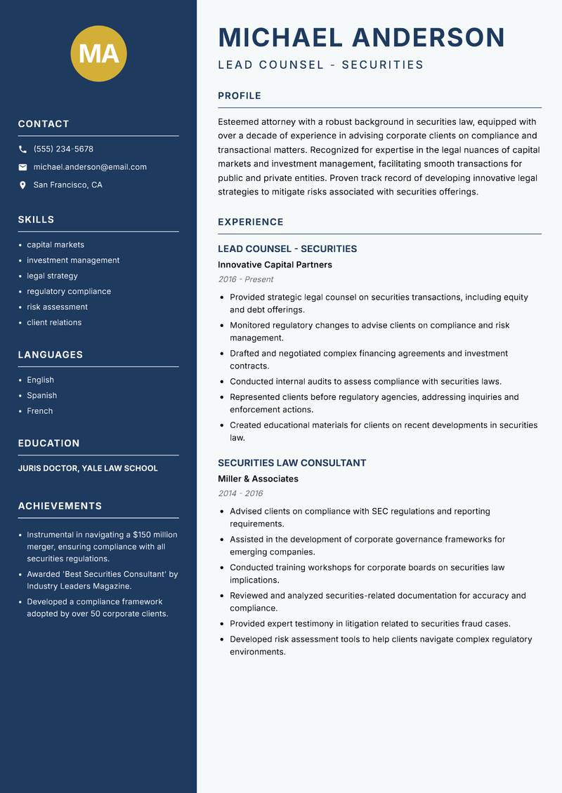 Securities Lawyer resume template — Classic Clean