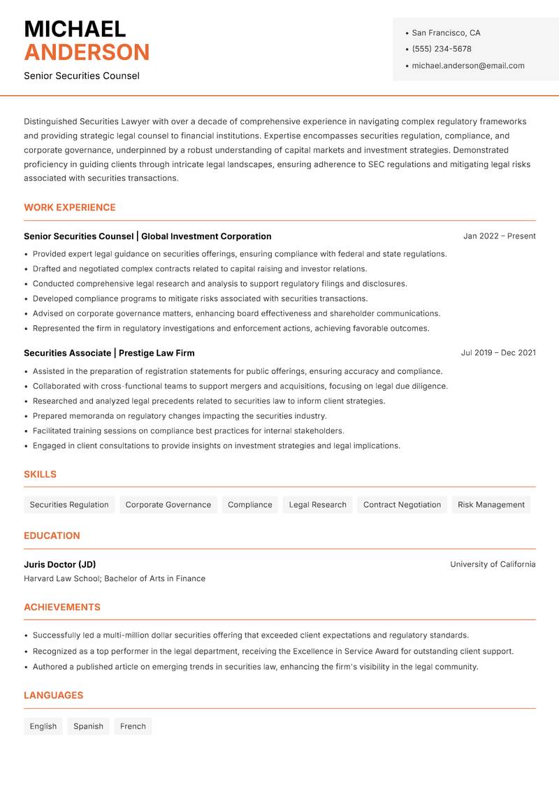 Securities Lawyer resume template — Modern Professional