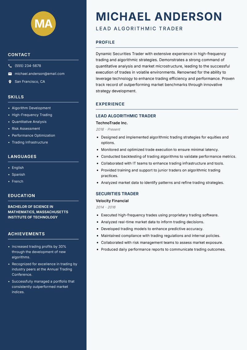 Securities Trader resume template — Classic Clean