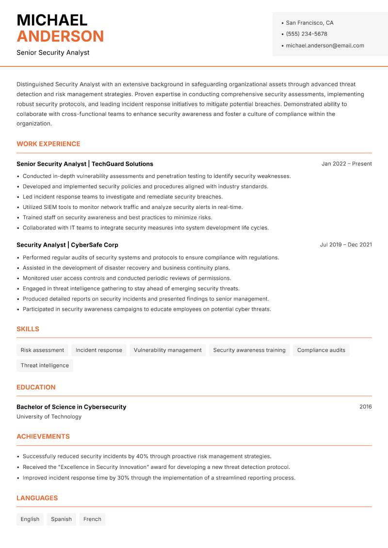 Security Analyst resume template — Modern Professional