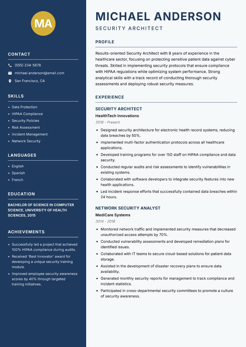 Security Architect resume template — Classic Clean