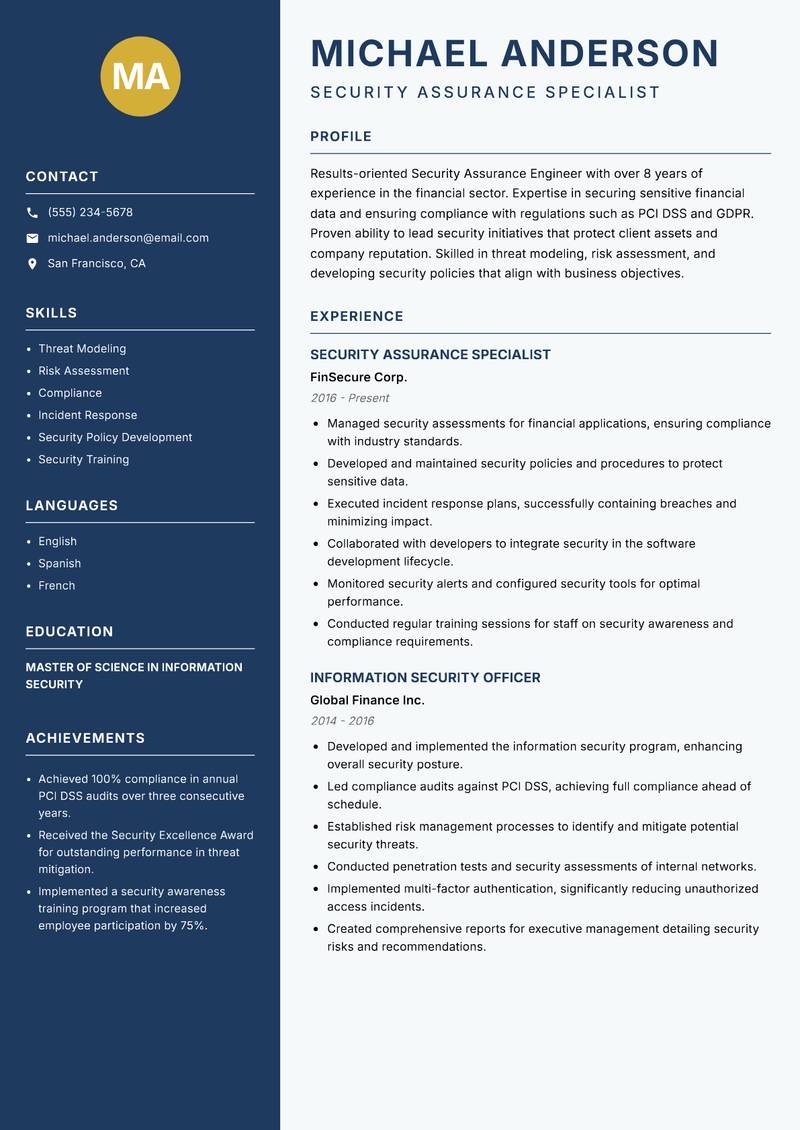 Security Assurance Engineer resume template — Classic Clean