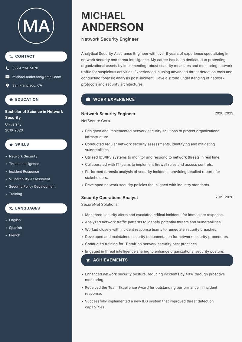 Security Assurance Engineer resume template — Compact
