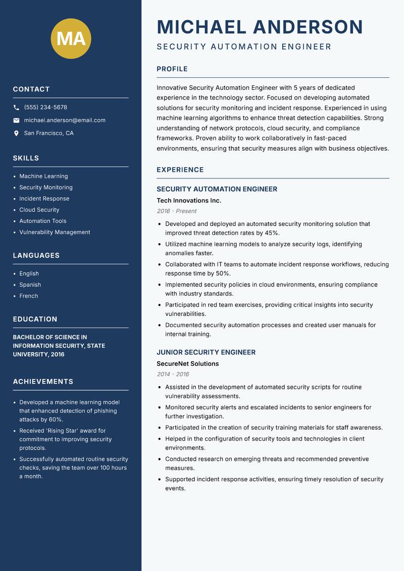 Security Automation Engineer resume template — Classic Clean