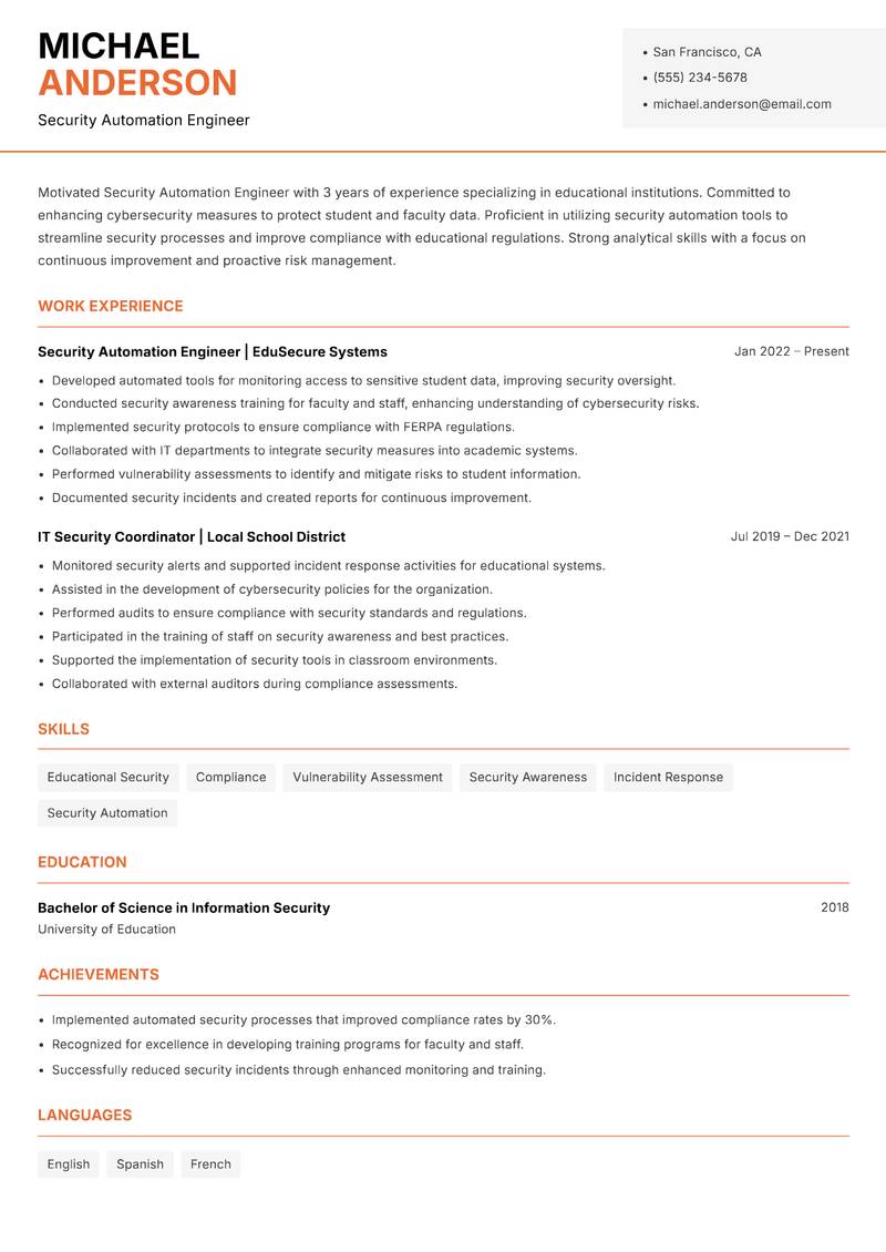 Security Automation Engineer resume template — Modern Professional