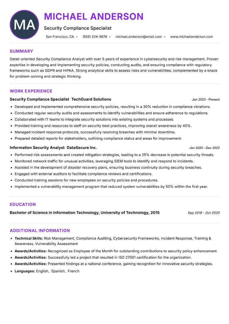 Security Compliance Analyst resume example — ATS-friendly template