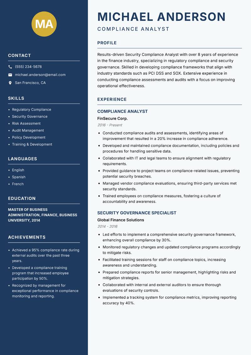 Security Compliance Analyst resume template — Classic Clean