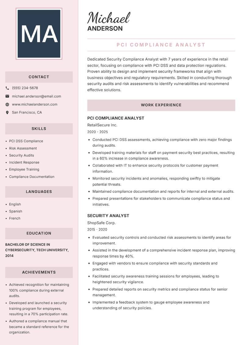 Security Compliance Analyst resume template — Executive