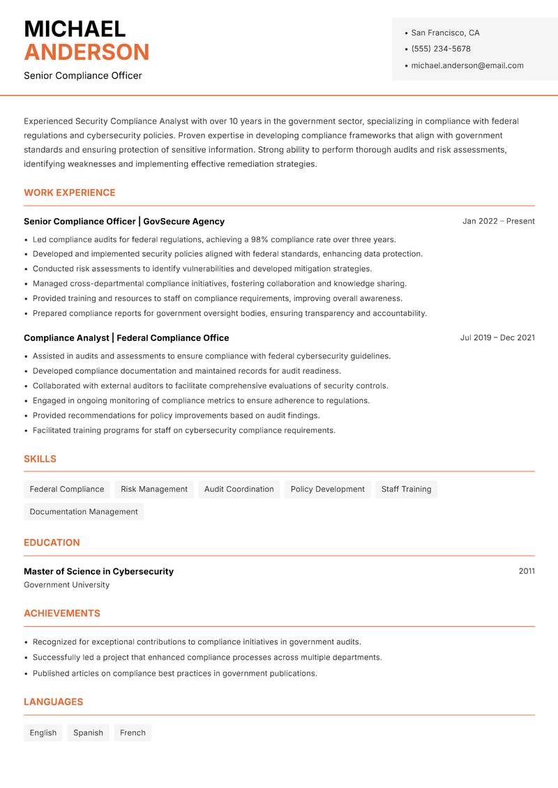 Security Compliance Analyst resume template — Modern Professional
