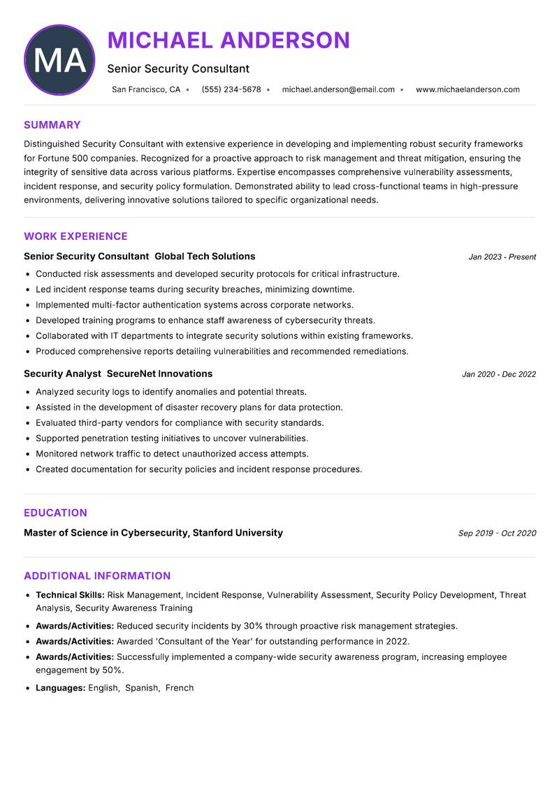 Security Consultant resume example — ATS-friendly template