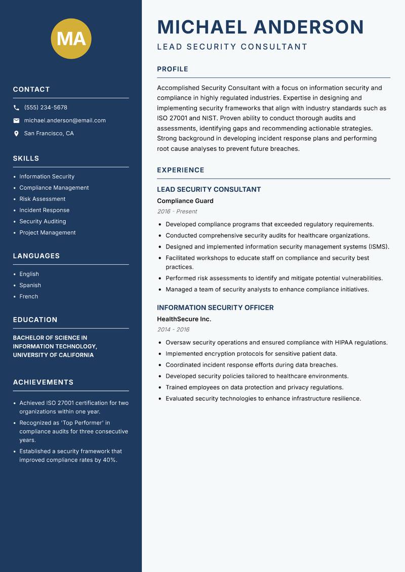 Security Consultant resume template — Classic Clean