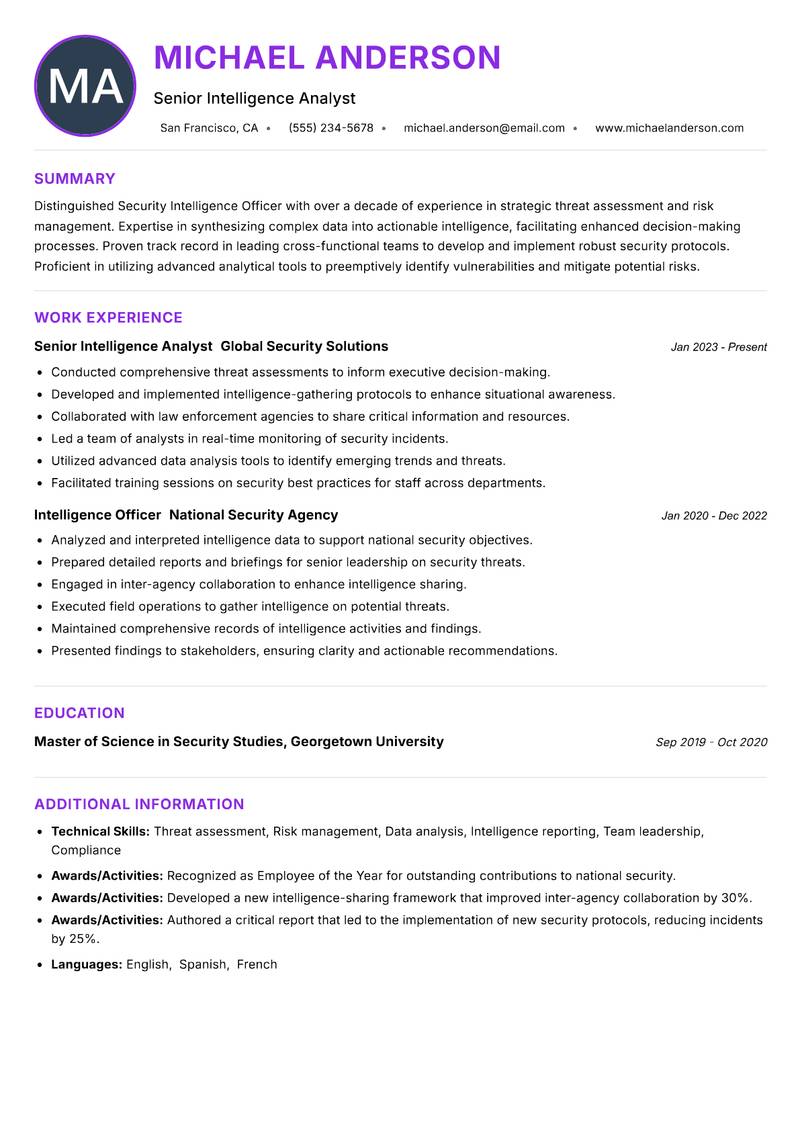 Security Intelligence Officer resume example — ATS-friendly template
