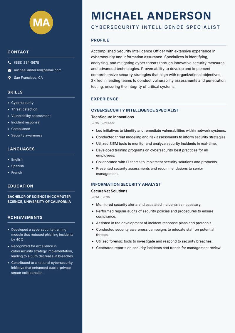 Security Intelligence Officer resume template — Classic Clean