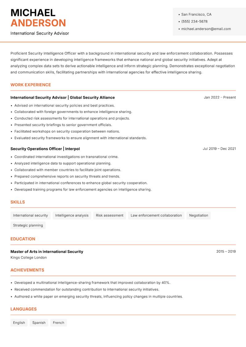Security Intelligence Officer resume template — Modern Professional